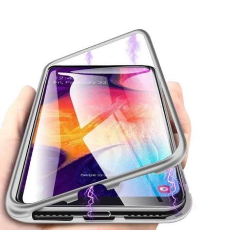 Sølv magnetisk kantcover med integreret bagglas til Samsung Galaxy Note A20E Fezzor