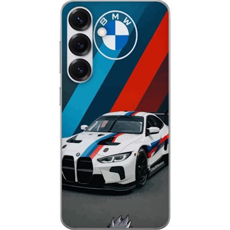 Kompatibelt Mobildeksel til Samsung Samsung Galaxy S25 BMW M Sport design med hvit racerbil og klassiske M striper eksklusivt biltema perfekt for moto