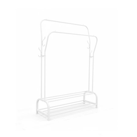 Vapaasti seisova rautainen vaateteline kahdella kiskolla ja hyllyillä