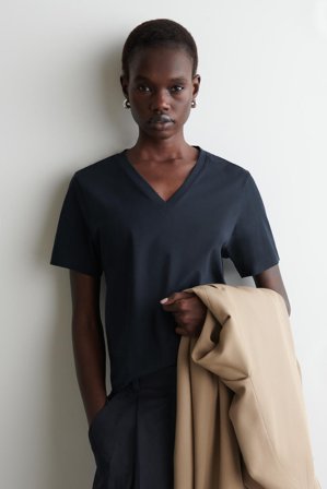 COS Women's V-Neck Cotton T-Shirt in Blue