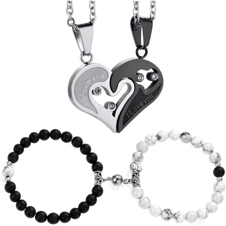 4 kpl I Love You Sydän Palapeli Riipus Kaulakoru Musta Matta Agaatti & Valkoinen Howlite Helmet Pariskunta Rannekorut Hänen ja Hänen Etäisyys 
