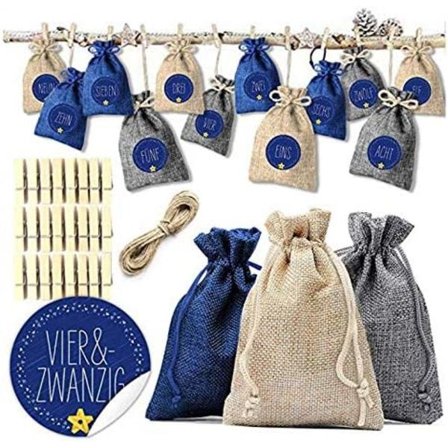 Godispåse, linnepåse, 3 färger, 24 linnepåsar + 10 meter hamparep + 24 klämmor + 1 set bokstavstaggar