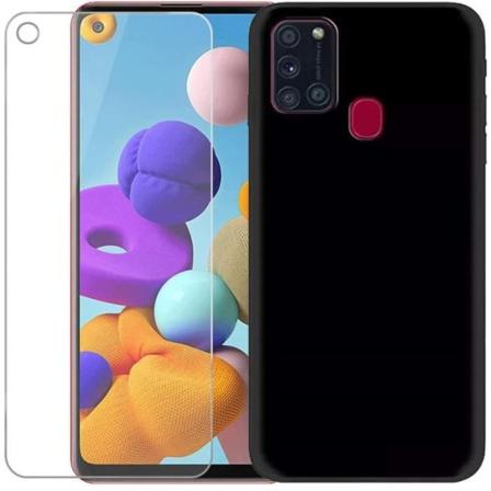 Etui + skærmbeskytter i hærdet glas til Samsung Galaxy A21s 6,5", 9H skærmglasfilm med blødt sort silikonebeskyttelsescover