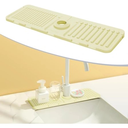 Sprutbeskyttelse for vask, silikonmatte for kran, dryppsamlingsbrett for krankhåndtak, matte for vask, 44,5 x 14 cm vaskematte (beige)