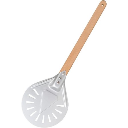 7 tuuman pyöreä pizzalapio, rei'itetty pizzalapio pitkällä irrotettavalla puukahvalla, valmistettu alumiinista ja liukumattomalla kahvalla