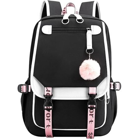 Ryggsekk for tenåringsjenter, skolesekk for ungdomsskoleelever, utendørs tursekk med USB-ladeport, hvit og svart