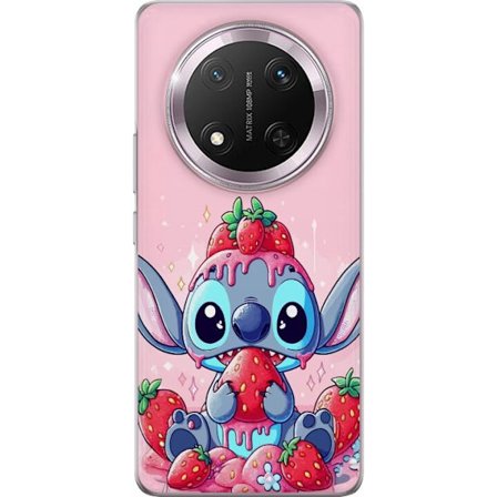 Kompatibelt Mobilskal till Honor Honor Magic7 Lite Stitch Strawberry Love sött motiv med blå figur som äter jordgubbar i pastellstil