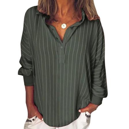 Dam Stripe Toppar Långärmad Batwing Ärmar Lapel Neck Blus