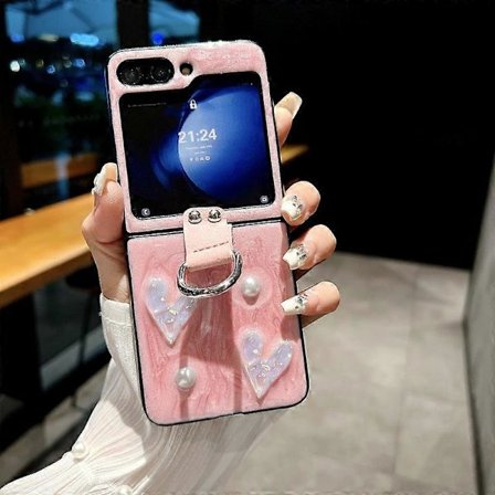 3D Bling Kiiltävä Kristalli Rakkaus Söötti Helmi Glitter Kotelo Samsung Galaxy Z Flip 6:lle Renkaalla