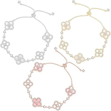 3 stk. gullbelagte kløverarmbånd for kvinner, trendy heldig sølv firkløverarmbåndsett, stablet hvitt/rosa/gyldent smykke-sjarm blomster-pulseras Pa