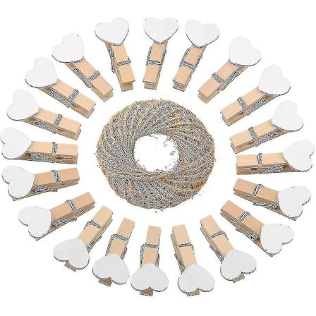 Hjerte klesklyper, 100 stk. Mini treklyper i tre, hvite fotoklyper med 30 meter jute A-Good