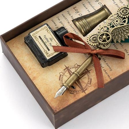 Fjerpenn Tetningsvoks Stempelsett Retro Europeisk Stil Rustfritt Stål Spiss Fjerpenn og Blekksett Svartgrønn