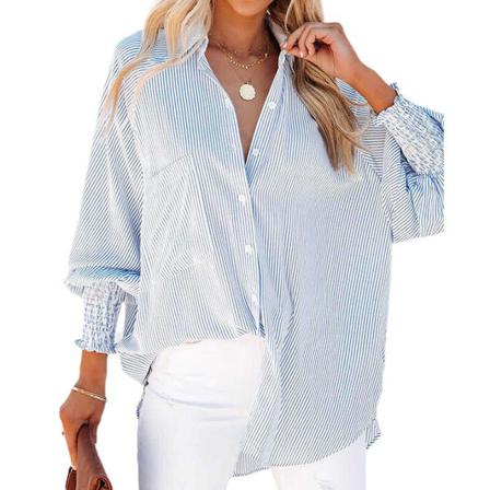Damer Lapel Neck Med Pocket Blus Randig Hög Låg Fåll Toppar