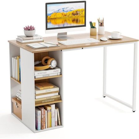 COSTWAY computerbord med reol, metalstel, computerbord med 5 rum, 115 x 59,5 x 75 cm, naturlig