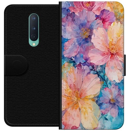 Yhteensopiva Lompakkokotelo OnePlus OnePlus 8 Vesivärimaalaus suurilla kukilla vaaleanpunaisissa, sinisissä ja keltaisissa sävyissä pehmeässä ta