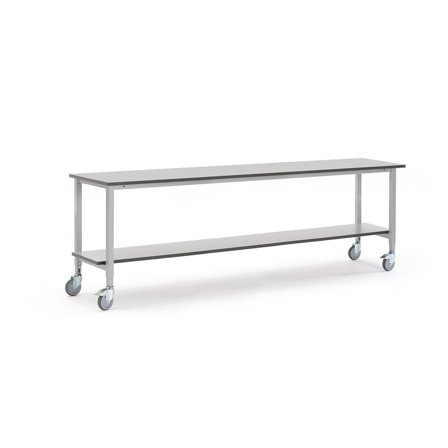Arbeidsbord på hjul, med hylle, L2500 B600 H800–1200 mm, grå
