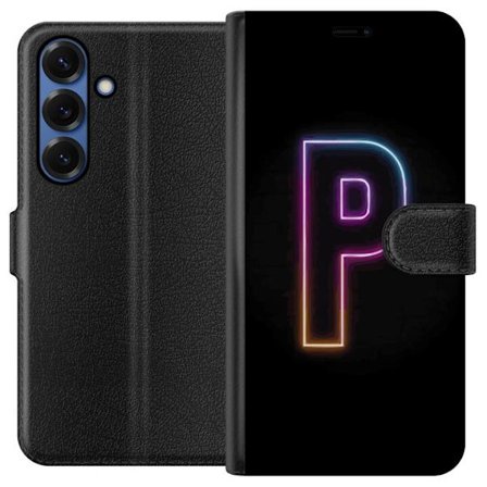 Kompatibel Tegnebogsetui til Samsung Samsung Galaxy S25+ Minimalistisk neonbogstav P i farvegradient og lyseffekt mod sort baggrund i digital neonstil