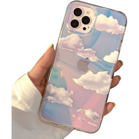 Telefon Hard Case Kompatibel med iPhone Case Slim Cystal Clear Holographic White Cloud Women Girls, Hard PC Shockproof Protective Design