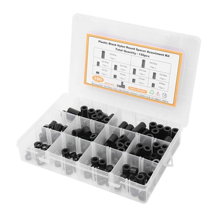 150 stk. nylonavstandsstykker, sortiment, rund plast for skruer, maskinvare, avstandsstykkesett, svart