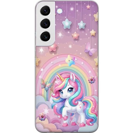 Kompatibel Mobilcover til Samsung Galaxy S22+ 5G Magisk enhjørning med regnbue manke, stjerner og sommerfugle mod en pastelfarvet himmel med skyer