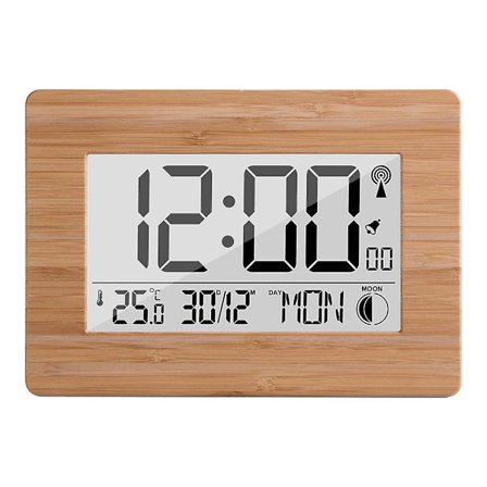 Radio-controlled Digital Clock - Genuine Bamboo Case, Lcd Display, Thermometer, Alarm, And Calendar. Includes Battery.