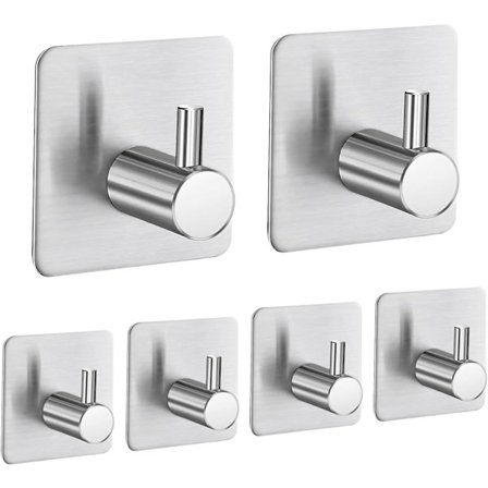 Håndklekrok, uten boring, sett med 6 sølvkroker, selvklebende, bad- og kjøkkenhåndklekroker, sølv