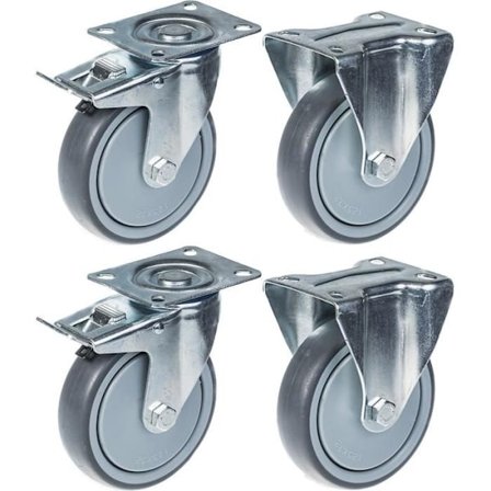 Rullat - 125 mm - Harmaa kumi - Pakkaus 4 - Kääntyvät jarrulla