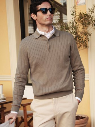 John Henric Men's Taupe Cotton Rib Knitted Polo Jumper Size S