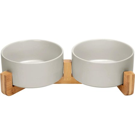 Keramisk Hunde- og Katteskål med Træstativ Skridsikkert Mat Glaze Vægtede Mad Vand Sæt til Katte og Små Hunde 28.7OZ