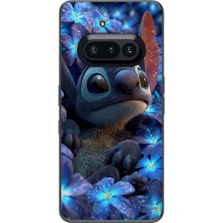 Kompatibel Mobilcover til Nothing Phone (3a) Stitch i en blå blomsterbed med bløde farver og drømmende Disney-følelse, hvor Stitch sidder omgivet