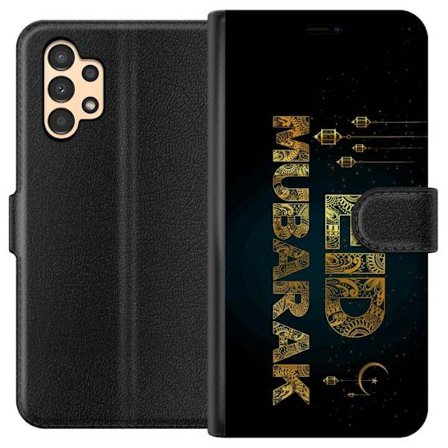 Kompatibel Tegnebogsetui til Samsung Galaxy A13 Gyldent Ramadan-motiv med dekorativ typografi, lanterner, halvmåne og stjerner på en mørk baggrund