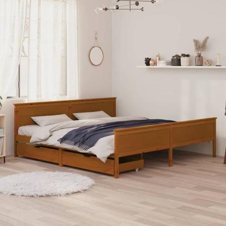 Vidaxl Sängram Med 2 Lådor Honungsbrun Massiv Furu 180x200 Cm Brun