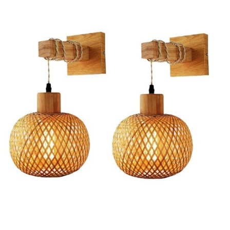2 stk. Vegglamper i bambusrotting, håndlagde E26-lampeskjermer, naturdekor