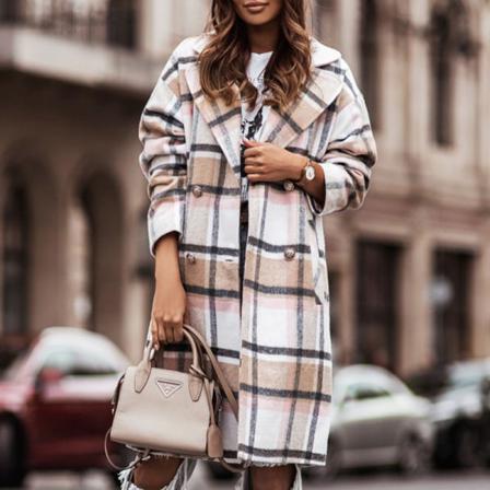 Kvinnor Rutig Jacka Dubbelknäppt Lapel Neck Långärmad Coat