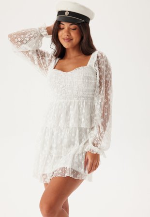 Bubbleroom Occasion L/S Lace Frill Mini Dress White 42