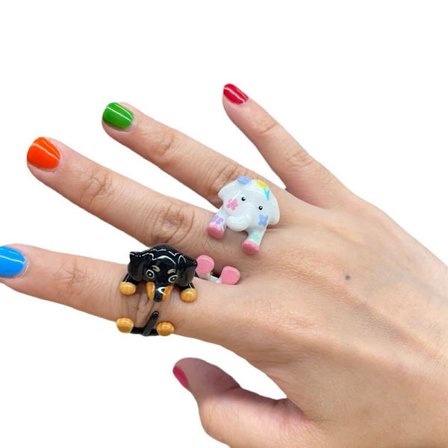 2 söta hund- och babyelefantringar tecknade ringar