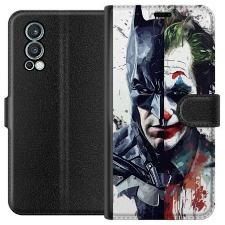 Kompatibelt Lommeboketui til OnePlus OnePlus Nord 2 5G Delt portrett av Batman og Joker i dramatisk illustrasjon, ikonisk superhelt motiv med mørk ku