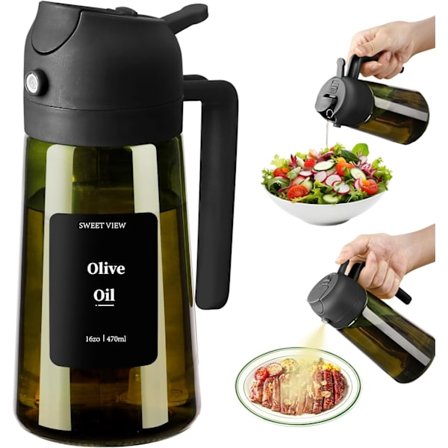 Olivenoliedispenser og oliesprøjte – 470 ml glas, lysbeskyttende olieudløb til køkken, airfryer, madlavning, salat og BBQ