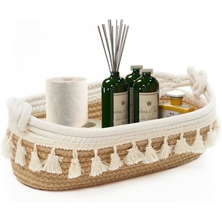 (Beige)Liten vävd korg av bomullsrep för toalettpapper, för
