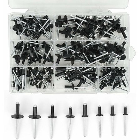 200 stk aluminium blindpopnagler, 3,2 x 8 mm, 3,2 x 10 mm, 4 x 10 mm, 4 x 14 mm, 4,8 x 14 mm, 4,8 x 18 mm, 8 størrelser svart popnagelsortimentsett 