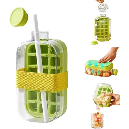 Grønn 2-i-1 Isbitflaske med Sugerør - 800ml Berøringsfri Isbitmaskin & Vannflaske for Kaffe, Juice, Drikke, Enkelt Uttak