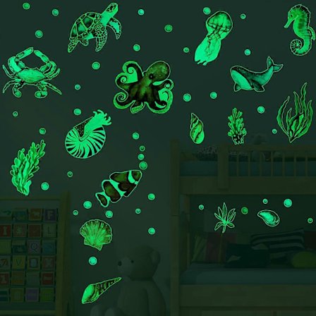 Havfisk grønn veggklistremerke kan demonteres, vanntett, skrelles og limes i mørket, og barneromsbaderomsdekorasjon