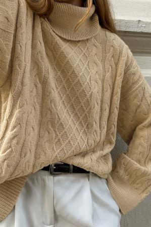 NA-KD Pull col roulé en maille torsadée - Tricot épais - Beige - XX-Small