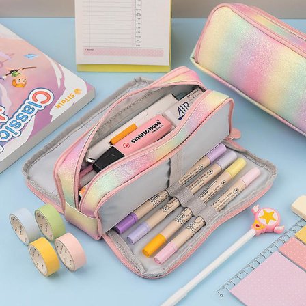 Stor blyantveske med 3 rom, sminke til ungdomsskole, skoleutstyr, blyantvesker, skoleutstyrsett