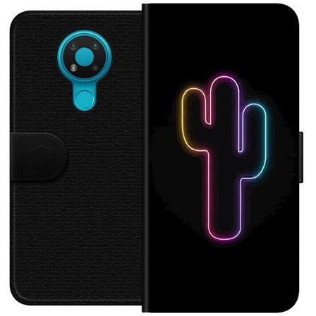 Yhteensopiva Lompakkokotelo Nokia Nokia 3.4 Neonpiirros kaktuksista vaaleanpunaisessa ja sinisessä valossa tummaa taustaa vasten