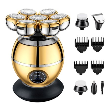 7D Herreshaver Guld, 6 i 1 Våd og Tør Elektrisk Shaver til Ansigt og Hoved