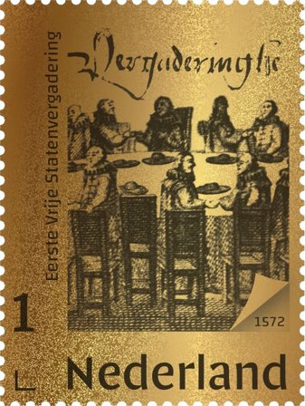 Holland - Hollands historie - Den første nationalforsamling af frie stater - Postfrisk frimærke i 24 karat guld indkapslet i skrin. Oplag 1500 stk.