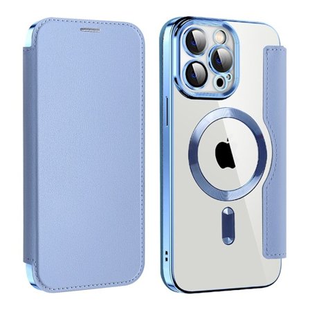 Etui til iPhone 15 Plus blå trådløs lade lommebok stil magnetisk kortspor lær