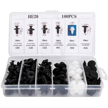 100 st bilplastnitar clips inkluderar 6 typer universella HE26 bilclips stötfångare fästelement nitar clips kit med förvaring B