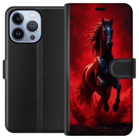 Kompatibel Tegnebogsetui til Apple iPhone 13 Pro Kraftfuld sort hest i røde skyer og støv, dramatisk belysning, intens bevægelse og mystisk fantasy fø